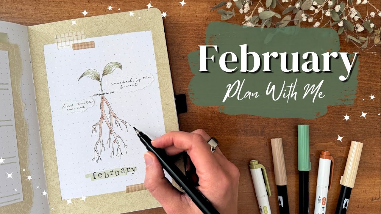 YouTube post by @anabruns for Archer and Olive. Caption reads: PLAN WITH ME!🌱 February Bullet Journal Set Up |....