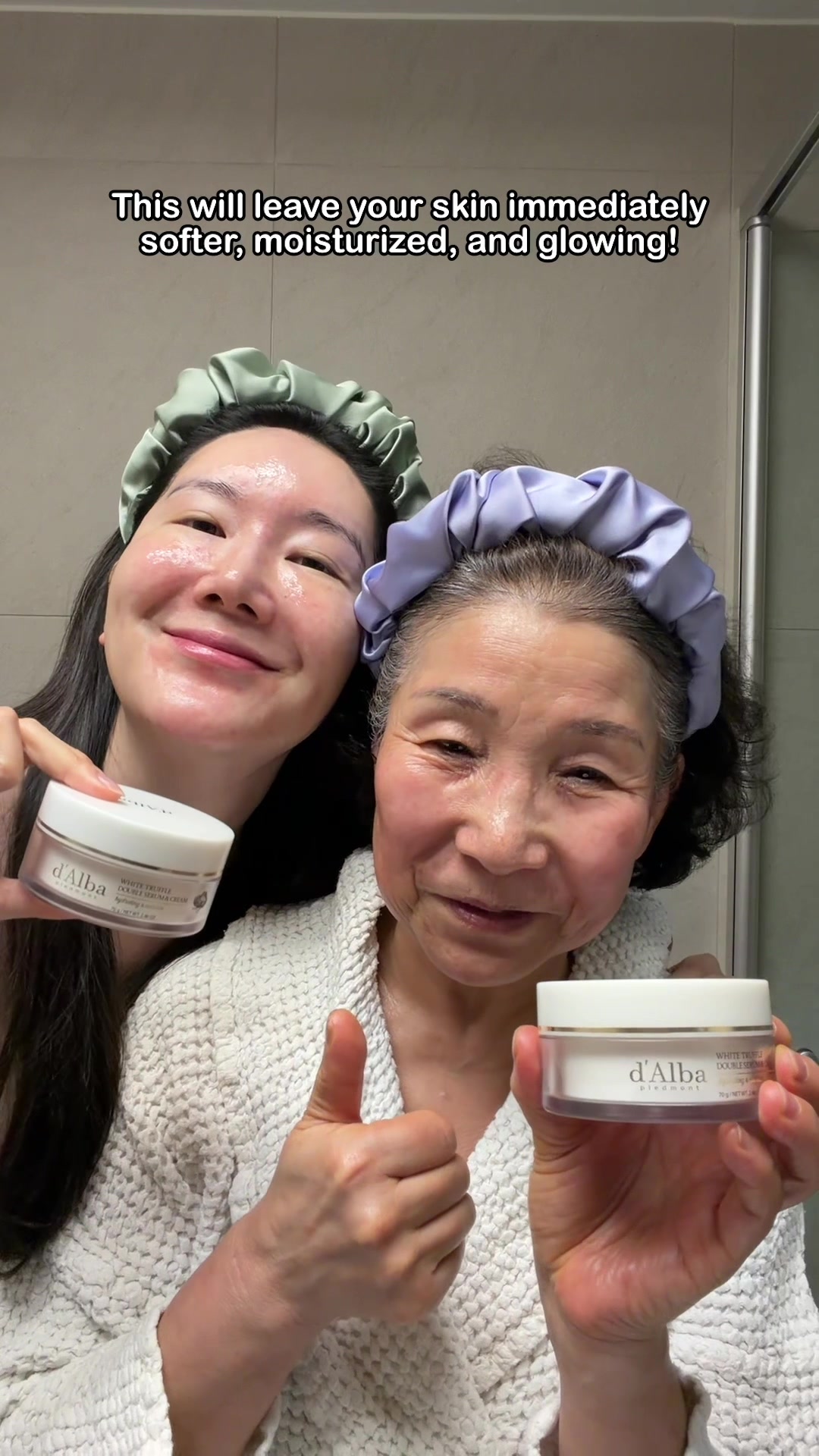 TikTok post by @euniunni for d’Alba. Caption reads: 40s vs 70s — same cream, just different ratios ✨....