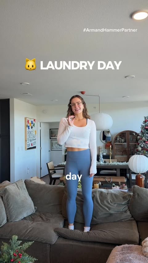 Instagram post by @taryn_lamb for ARM and HAMMER. Caption reads: #ArmandHammerPartner Kitty laundry day 🧺✨ fresh....