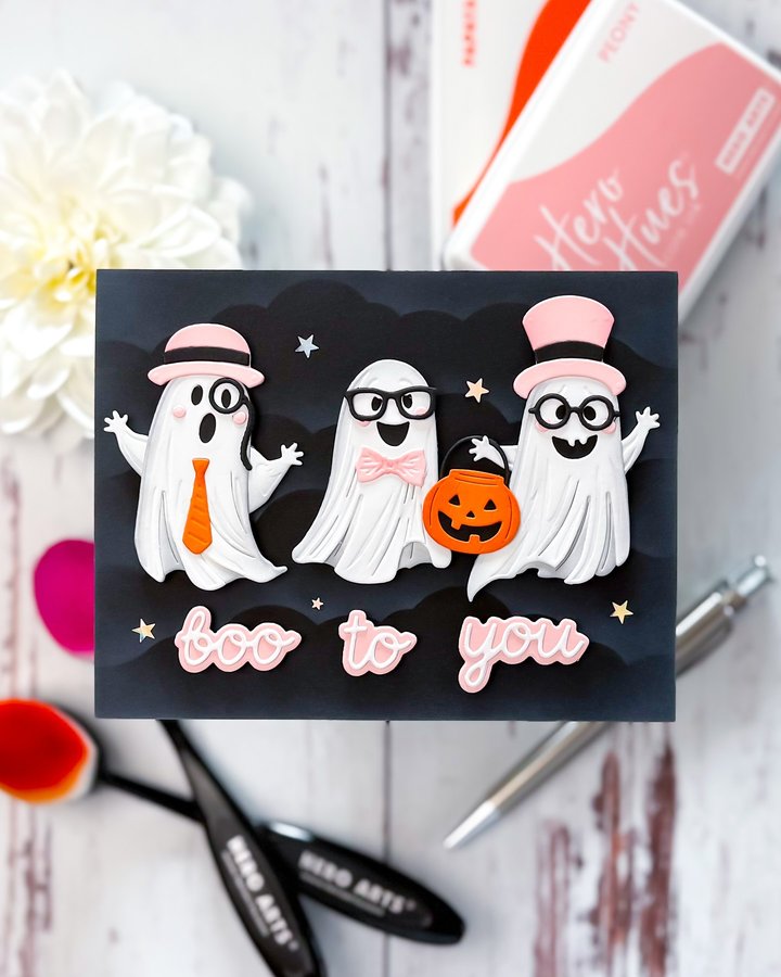 Instagram post by @dreamcraftcreate for Spellbinders Paper Arts. Caption reads: These ghosts came to party! 👻🎩 I had so much fun....