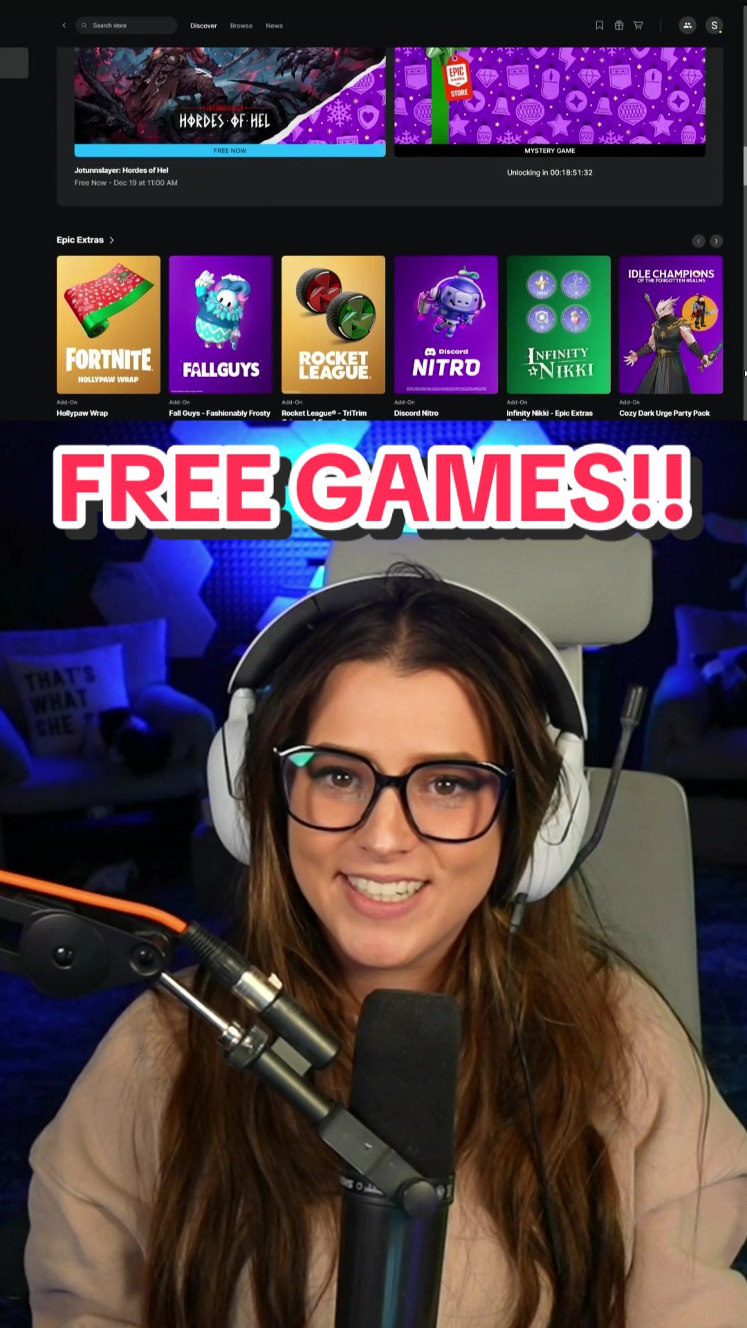 TikTok post by @sweeettails for Epic Games. Caption reads: FREE GAMES!! Make sure to hop onto the Epic Games....