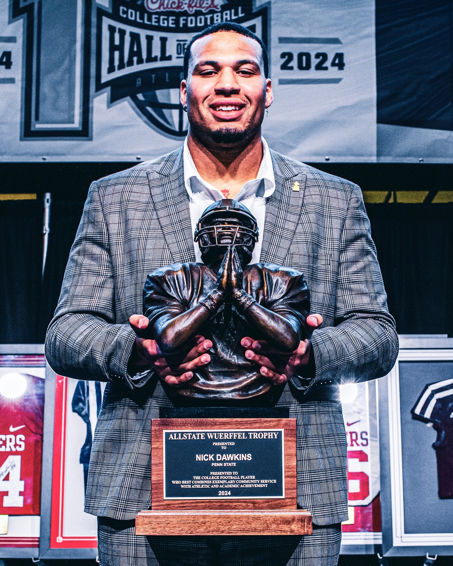 Instagram post by @nickdawk for Allstate. Caption reads: Earned it. 🏆

@Wuerffel_Trophy 

#WeAre x....