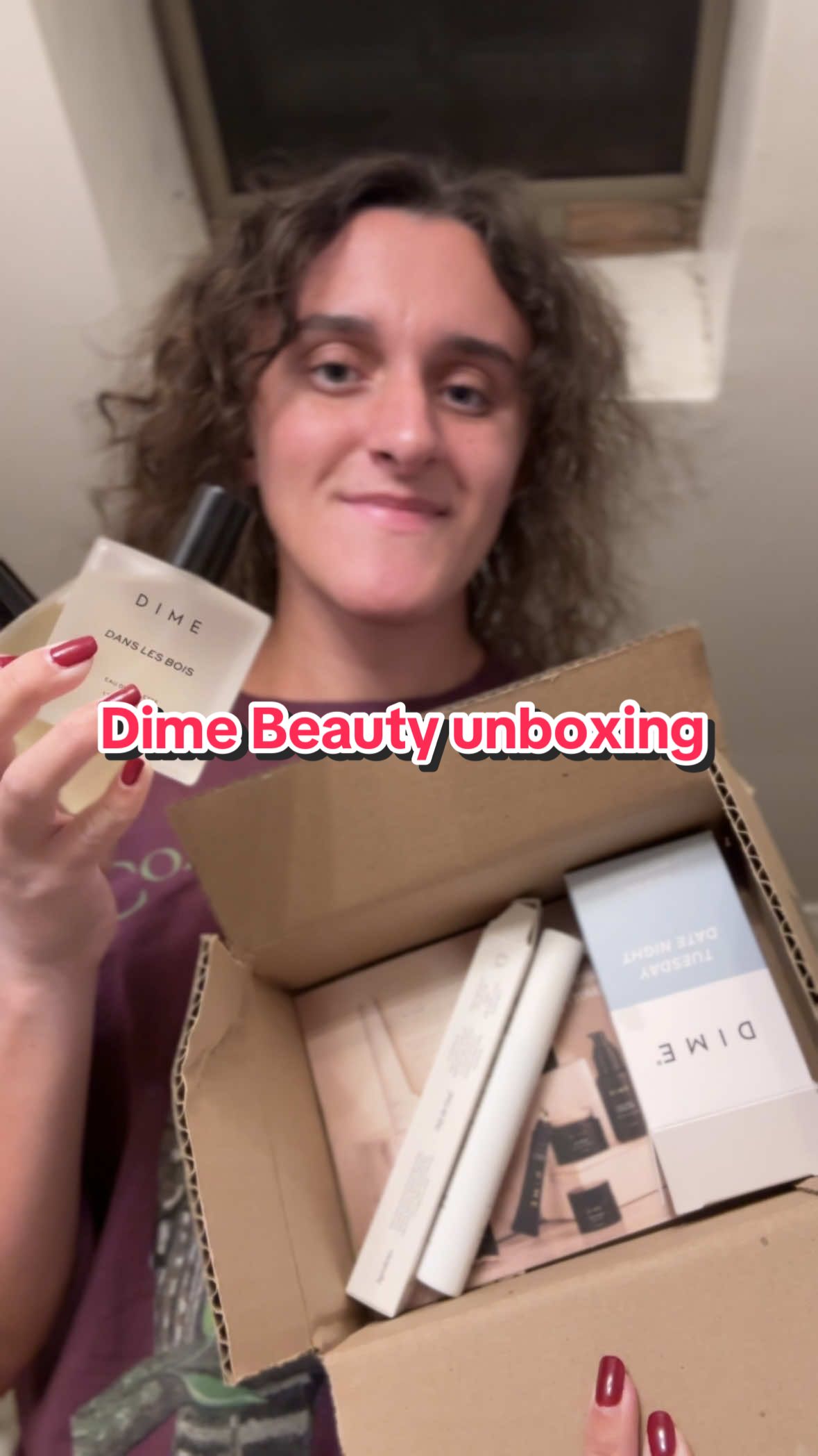 TikTok post by @carebycaraasmr for DIME Beauty. Caption reads: Dime Beauty unboxing haul ASMR! ✨ Code: CAREBYCARA....