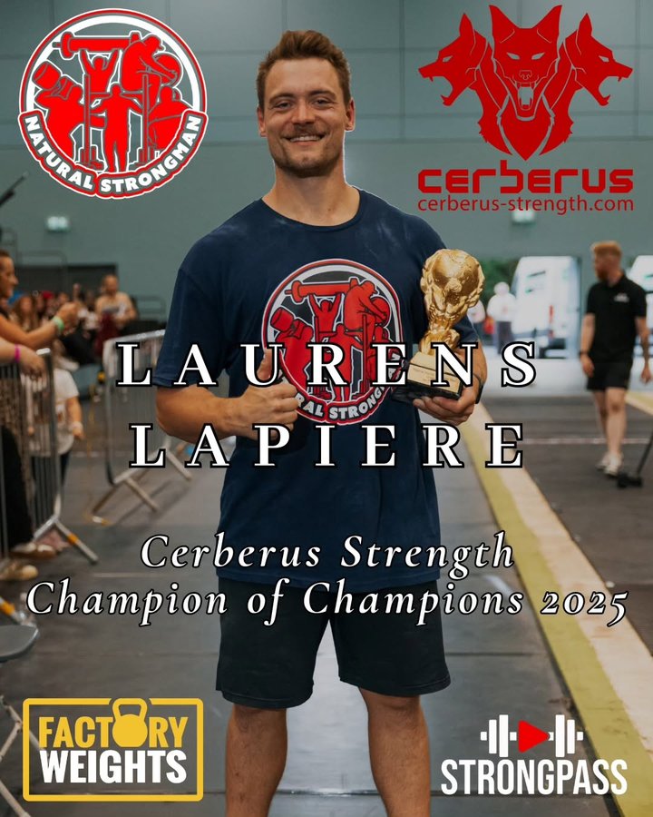Instagram post by @lappy.l for – Cerberus Strength. Caption reads: Athlete announcement 📢

The U105KG World Champion....
