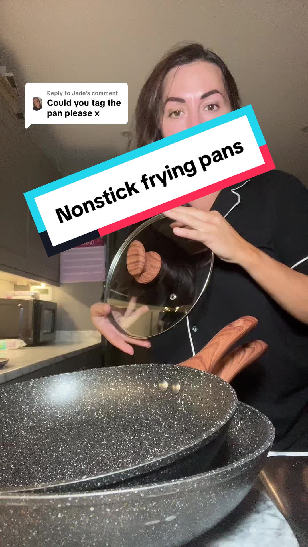 TikTok post by @janinekxxx for kitchenglora. Caption reads: Replying to @Jade @kitchenglora #FryingPans....