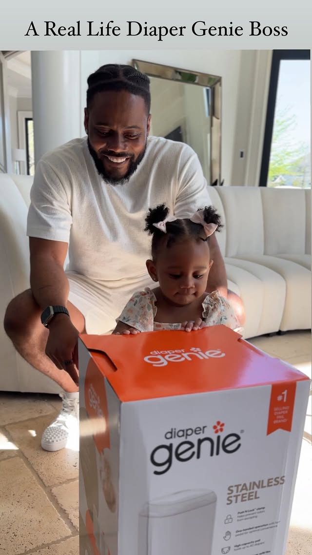 Instagram post by @iamjamesmeeks for Diaper Genie. Caption reads: [...] her approval before grabbing our new....