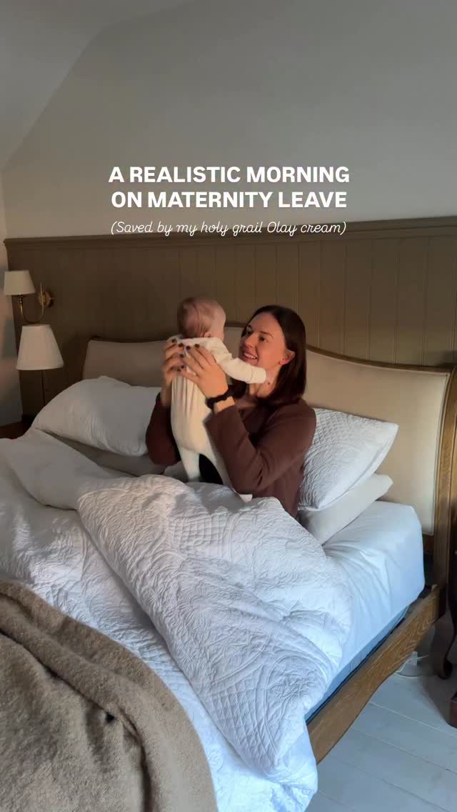 Instagram post by @rebeccafayehudson for OLAY. Caption reads: ad A realistic morning on maternity (as a first....