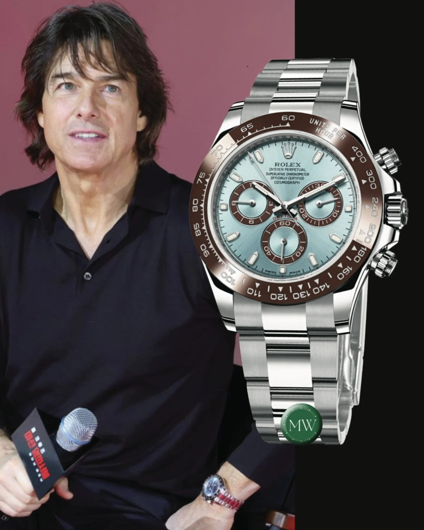 Instagram post by @watchlobby for MONDANIWEB. Caption reads: @tomcruise wears a Rolex Daytona #116506 ❄️ ICE....