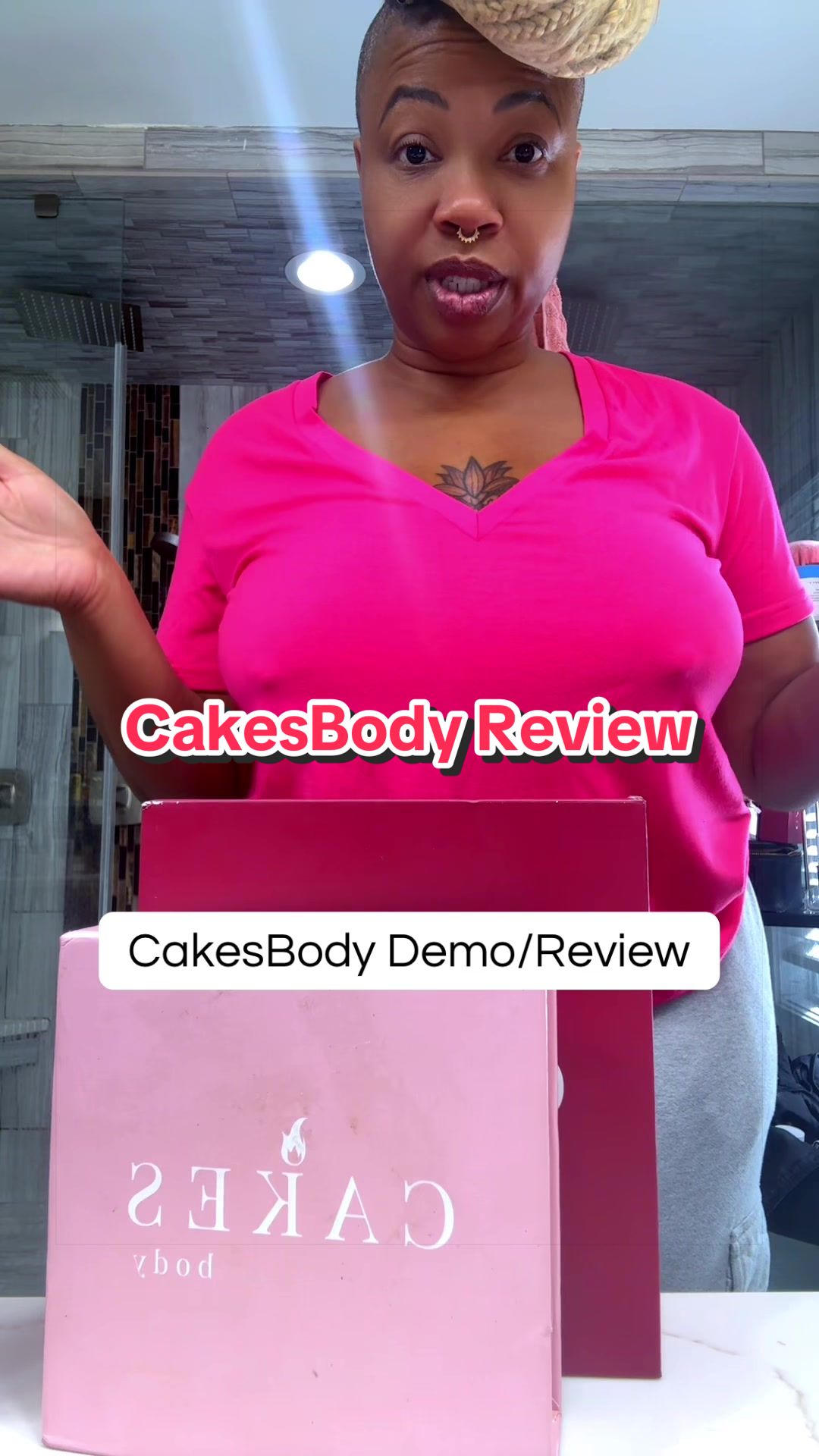 TikTok post by @aprilleunfiltered for CAKES body. Caption reads: @CAKES Body review #cakesbody #cakestape #nobra....