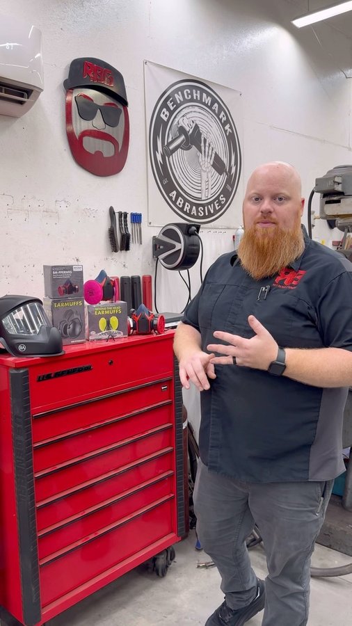 Instagram post by @redbeardsgarage for Benchmark Abrasives. Caption reads: [...] need of new PPE in our shop.....