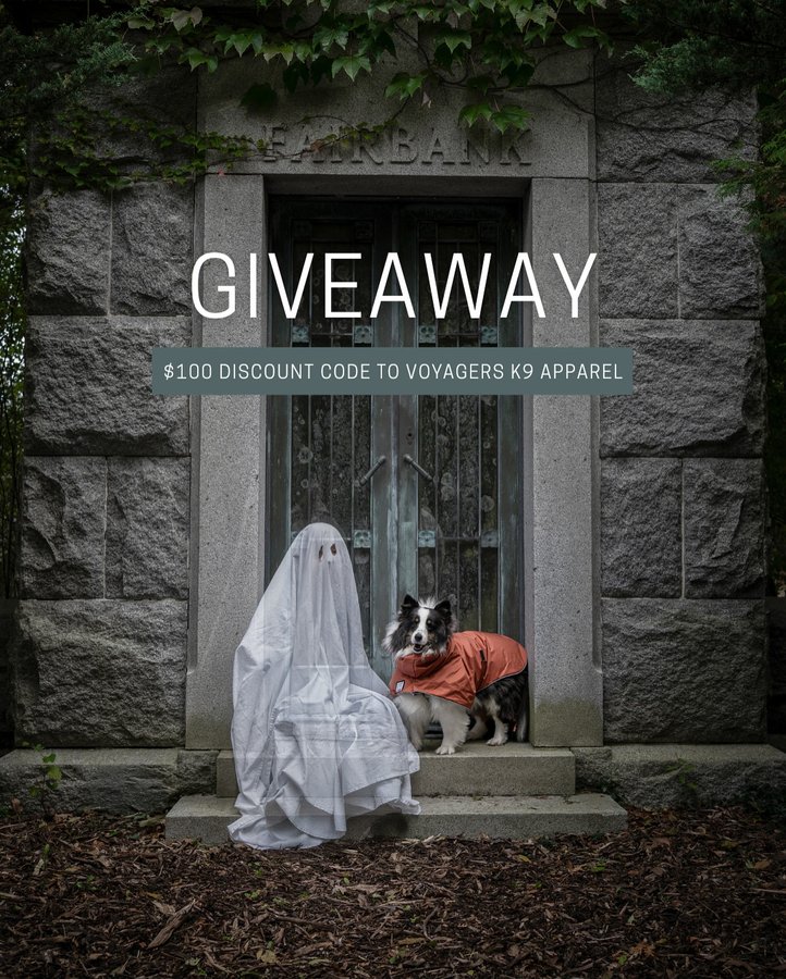 Instagram post by @will_and_mill for Voyagers K9 Apparel. Caption reads: [...] GIVEAWAY 👻 We're teaming up with....