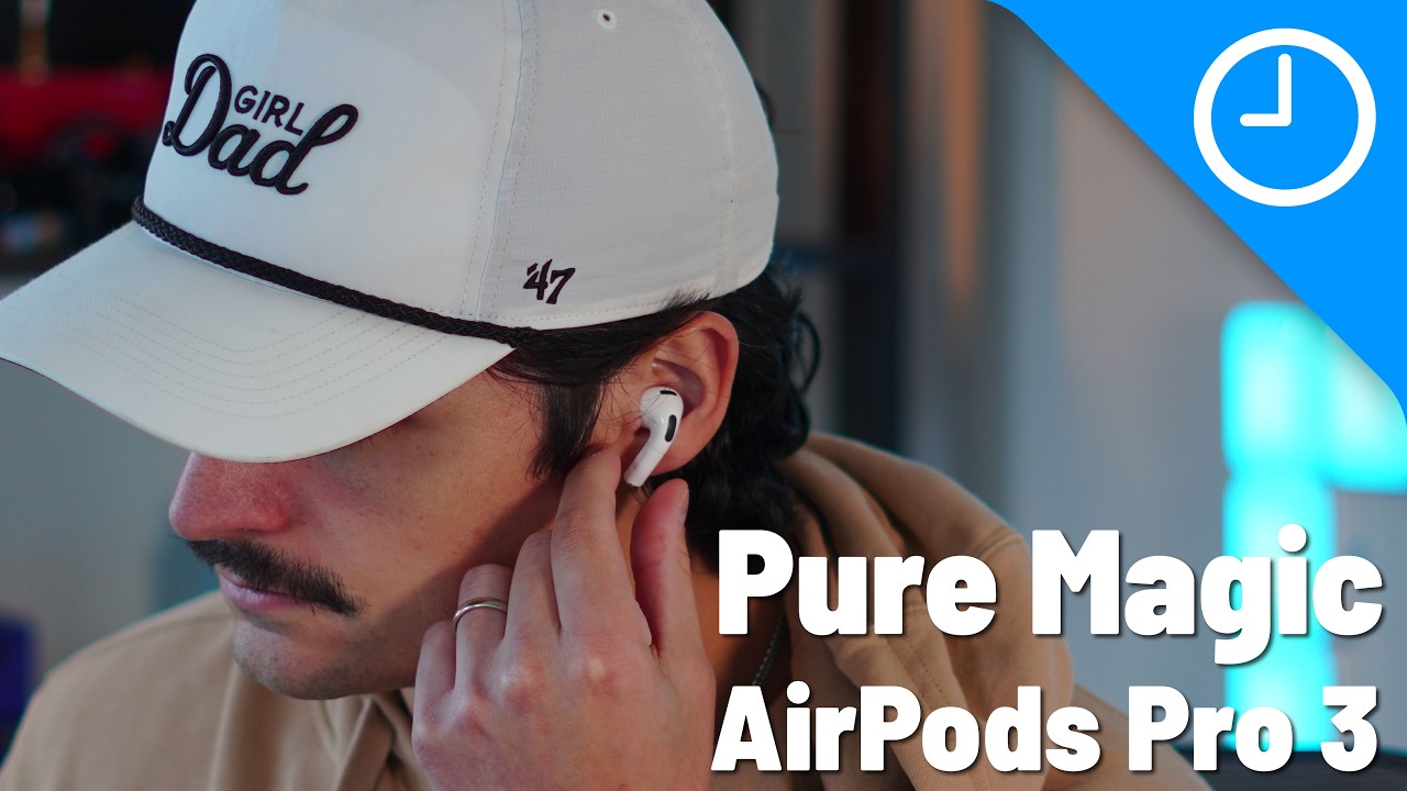 YouTube post by @9to5Mac for KUXIU. Caption reads: AirPods Pro 3 Are Pure Magic: A Brutally Honest....