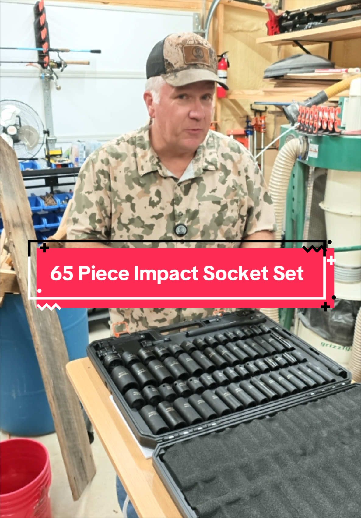 TikTok post by @thrivingcountry for VEVOR Home Improvement. Caption reads: 65-piece 1/2-inch drive impact socket set....