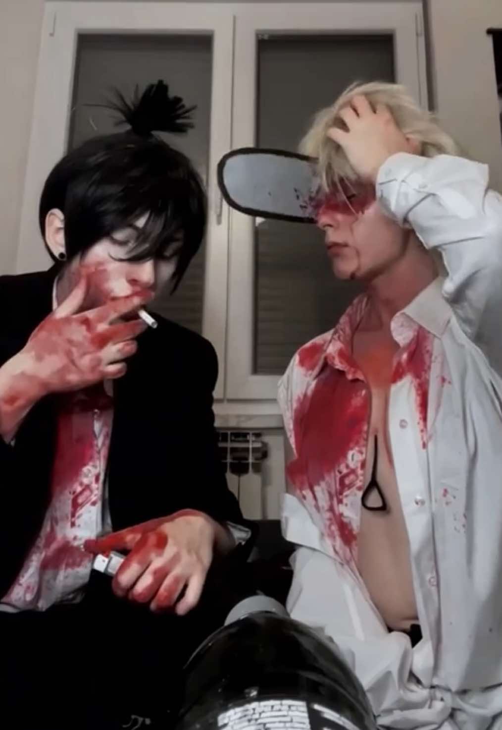TikTok post by @neu_cosplay for PinkyParadise. Caption reads: [...] FAKE MAKEUP, FAKE FLAMES TIKTOK) ⚠️....