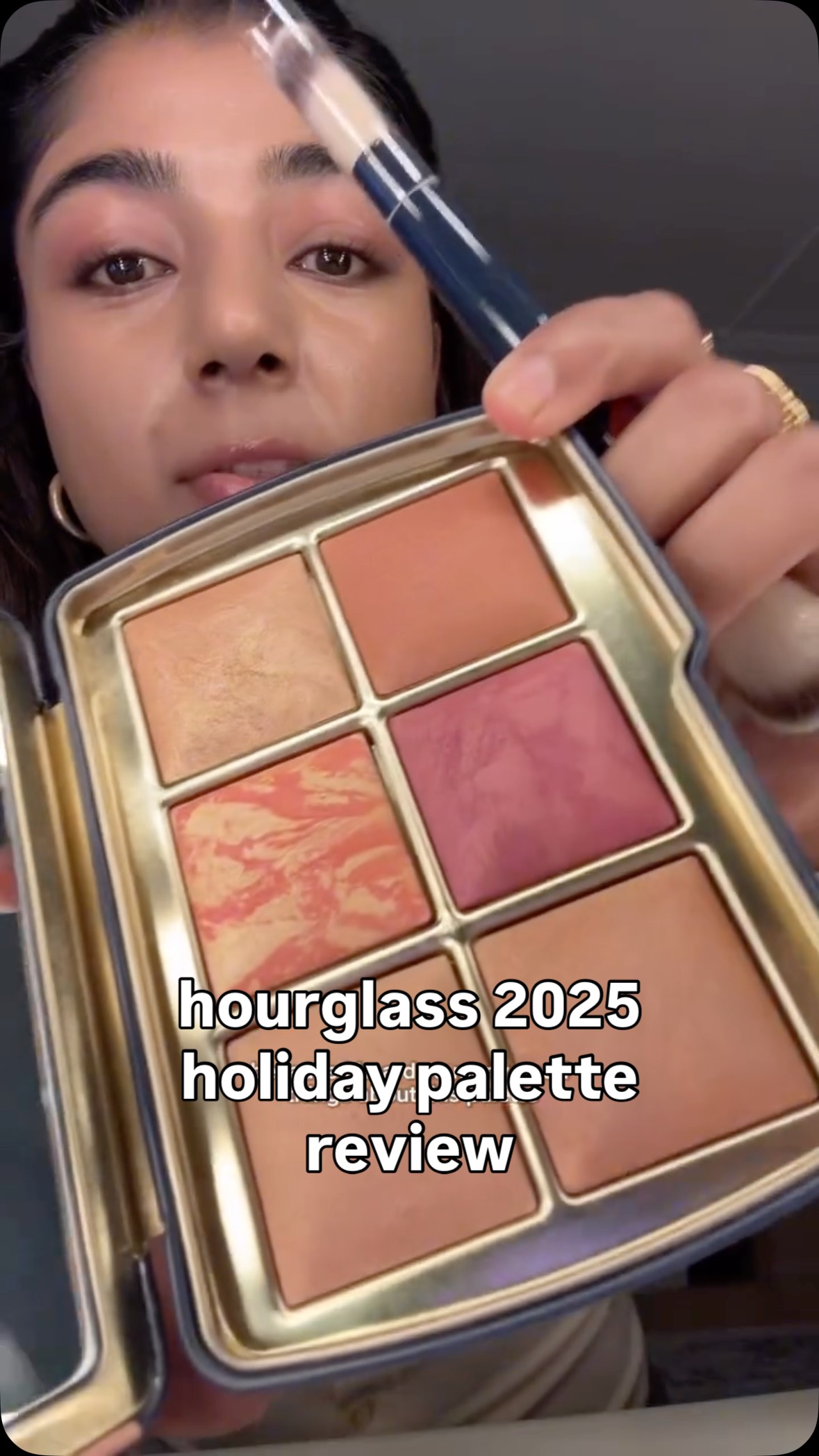 Instagram post by @atiqadar for Hourglass Cosmetics. Caption reads: I think I found my winter travel palette! 🎨....