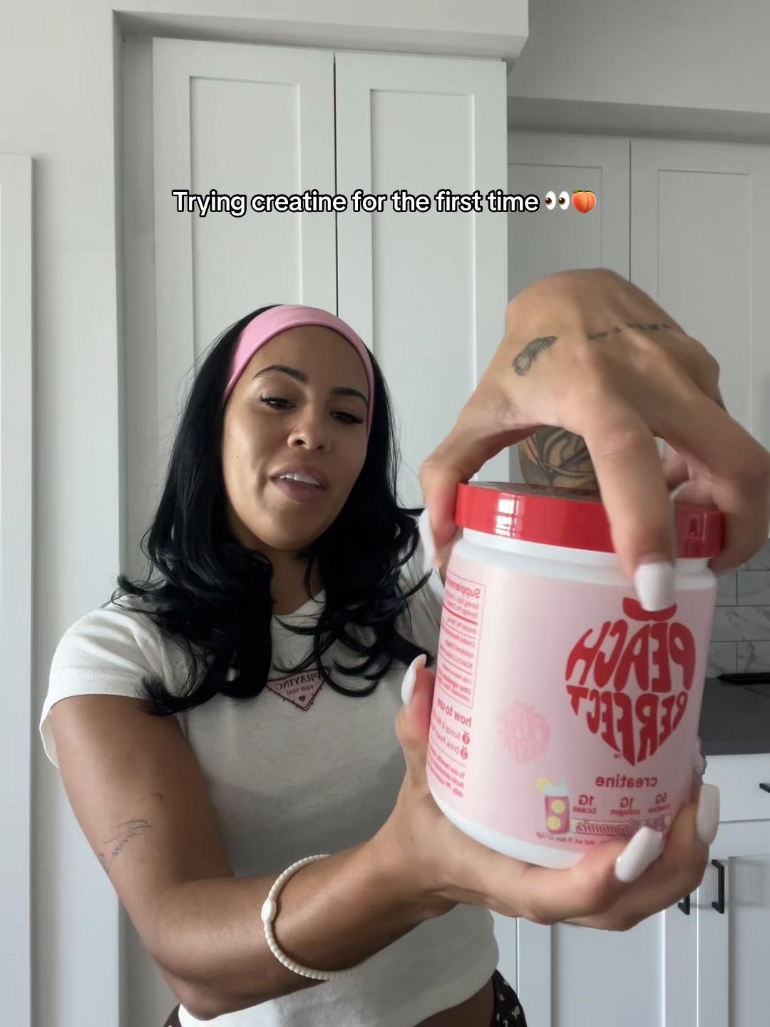 TikTok post by @hernamesnicole for Peach Perfect Nutrition. Caption reads: Grab your coffee and let’s chat @Peach Perfect....
