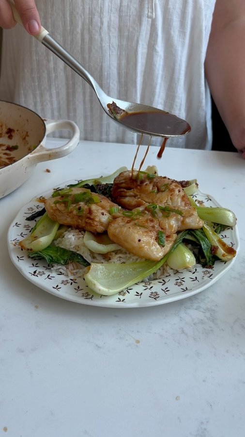 Instagram post by @gatherednutrition for Kikkoman USA. Caption reads: One Pan Teriyaki Cod and Bok Choy in partnership....