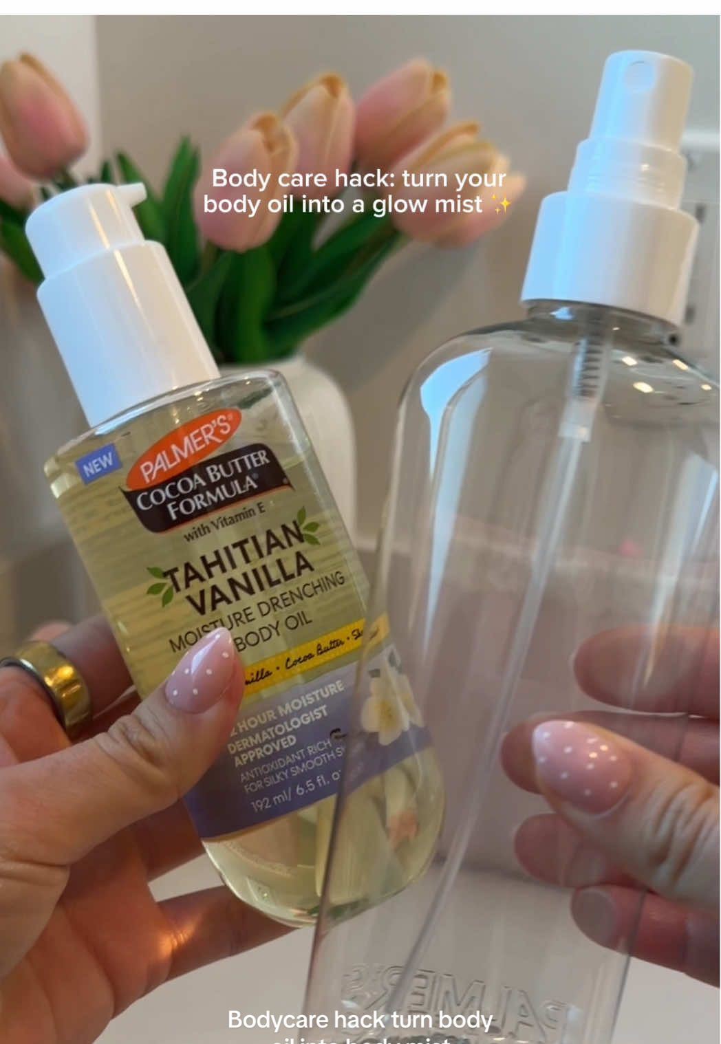 TikTok post by @kirra.mov for PALMERS. Caption reads: Turning my favorite body oil into a glow mist is....