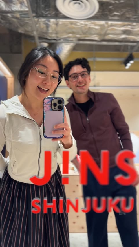 Instagram post by @itsjeffandmel for Jins. Caption reads: 📍 JINS SHINJUKU / JINS 新宿店 〒160-0022 Tokyo, [...].