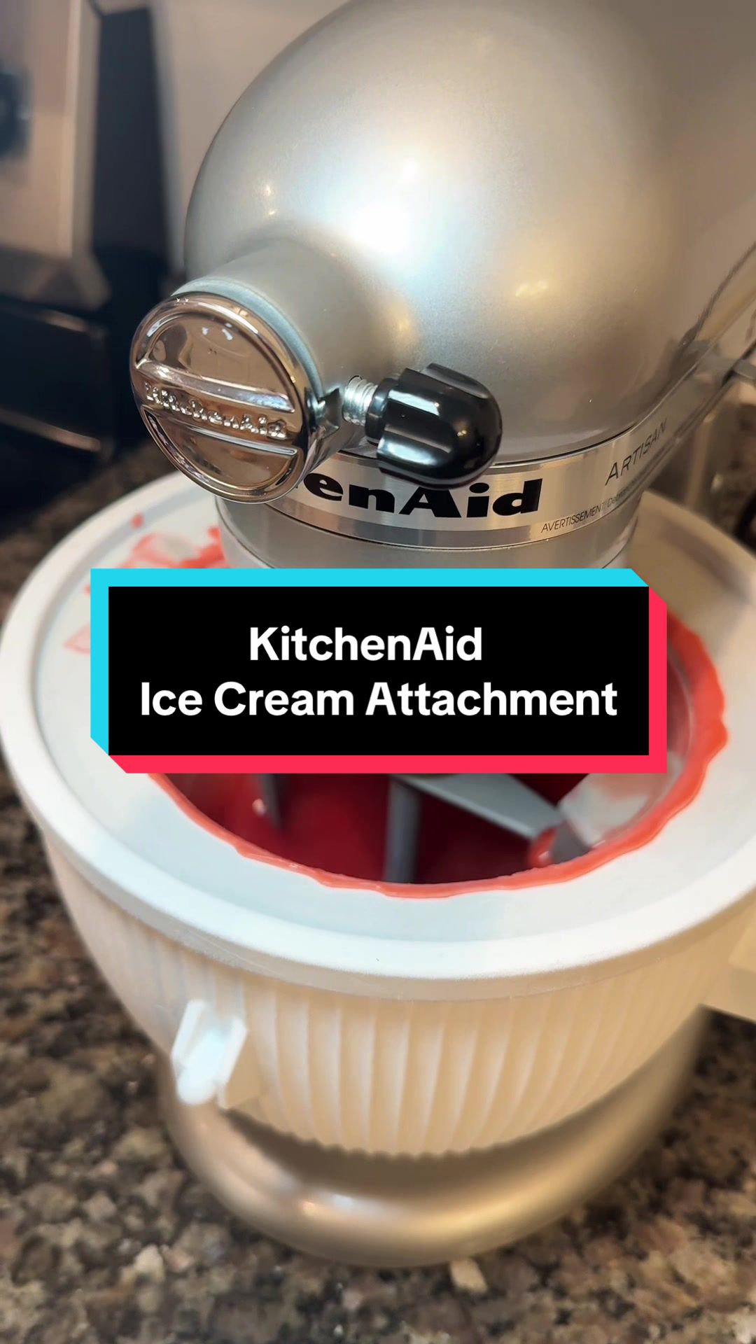 TikTok post by @ohheyitskatherine for QVC. Caption reads: [...] #icecream #kitchengadgets #kitchenaidmixer....