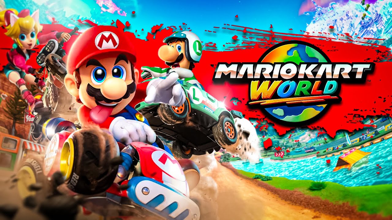 YouTube post by @Sheshounet for Holy Squad. Caption reads: Mario Kart World - LE MEILLEUR JEU DU MONDE.