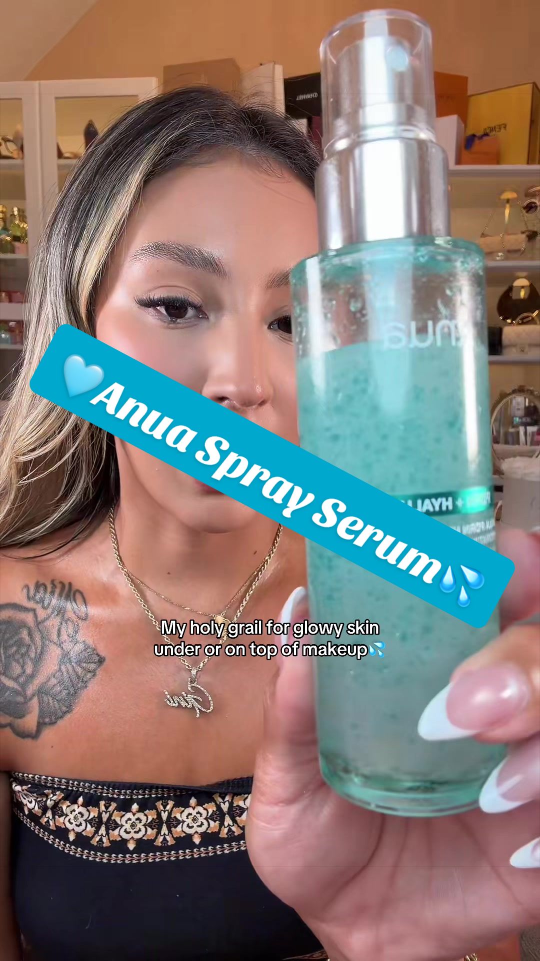 TikTok post by @giniglow for Anua Store US. Caption reads: [...] testimony. Results may vary. @Anua Store US....