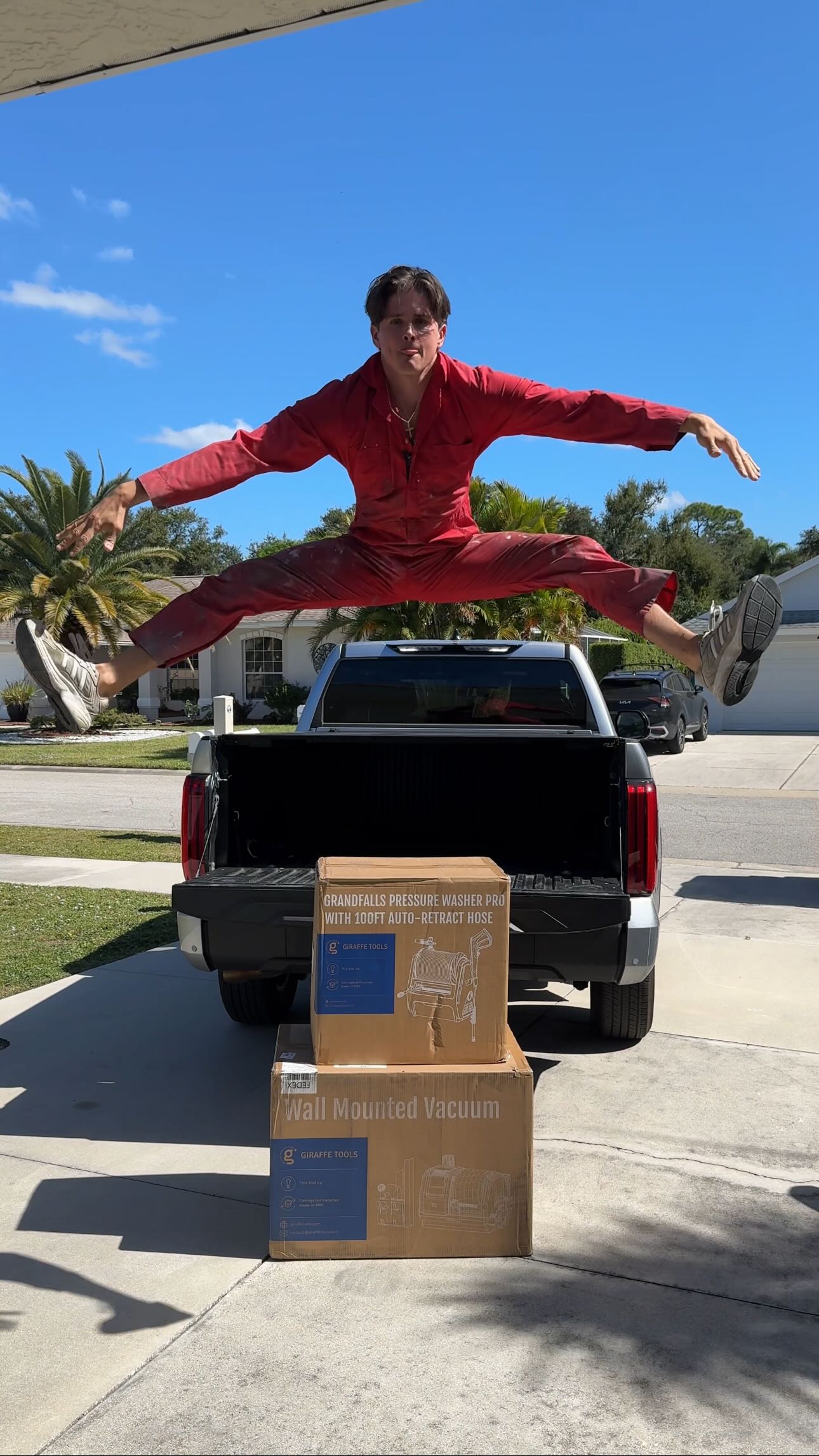 Instagram post by @loganlists for Giraffe Tools. Caption reads: Keep my truck clean challenge! The sand down here....