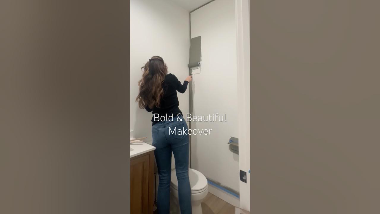 YouTube post by @MommaFromScratch for Lowe's. Caption reads: Bold & Beautiful Makeover #wallpaper #halfbath.