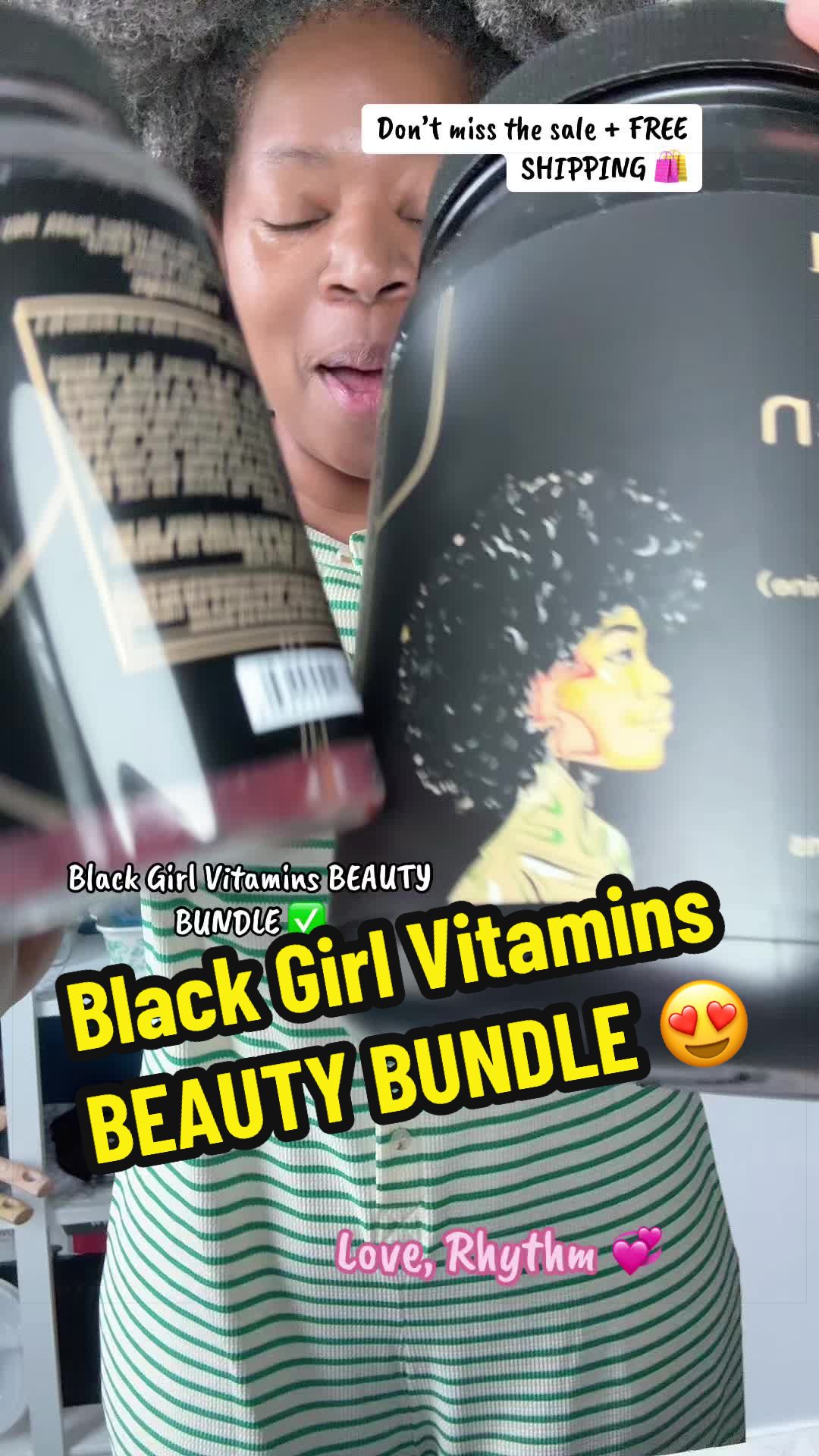 TikTok post by @rhythmandcoils for Black Girl Vitamins. Caption reads: The Black Girl Vitamins BEAUTY BUNDLE 🤩 Why am I....
