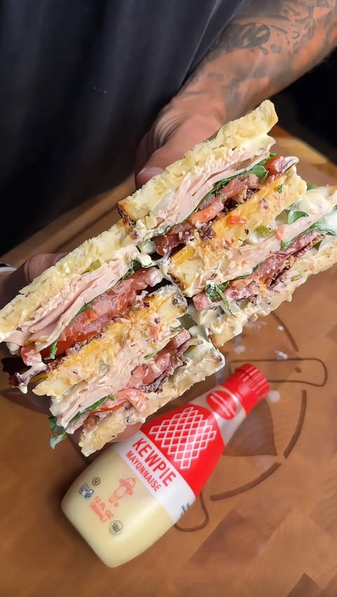 Instagram post by @rileysstupidrecipes for Kewpie. Caption reads: #ad The BEST Turkey Bacon Club with @kewpieusa....