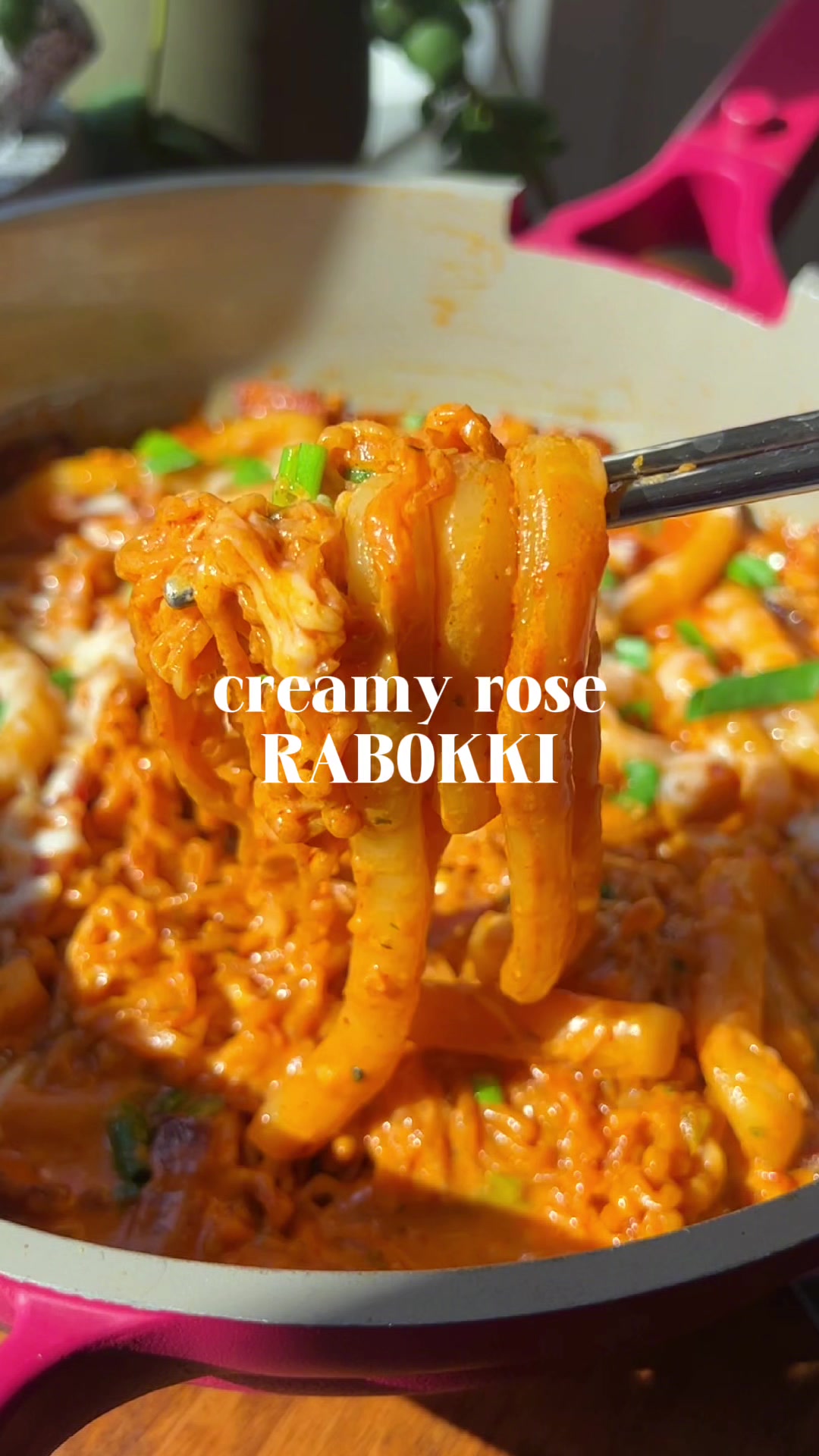 TikTok post by @kennascooks for Nongshim America. Caption reads: Creamy Rose Rabokki 🍜 This Korean comfort food is....
