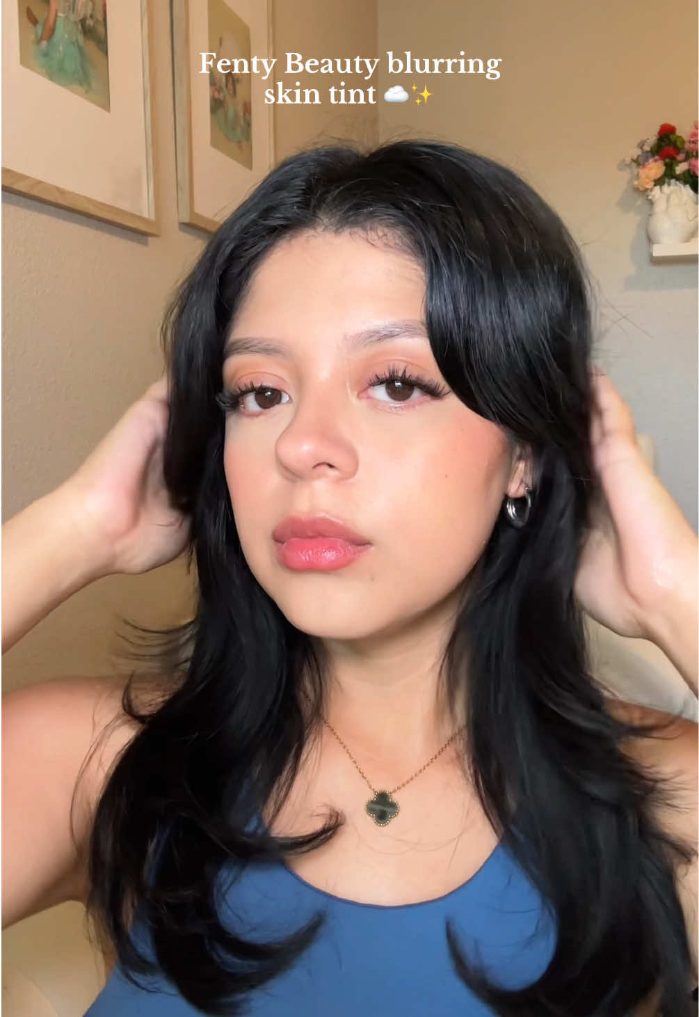 TikTok post by @karinaah_328 for Fenty Beauty. Caption reads: @Fenty Beauty Blurring skin tint in shade 7! ☁️....