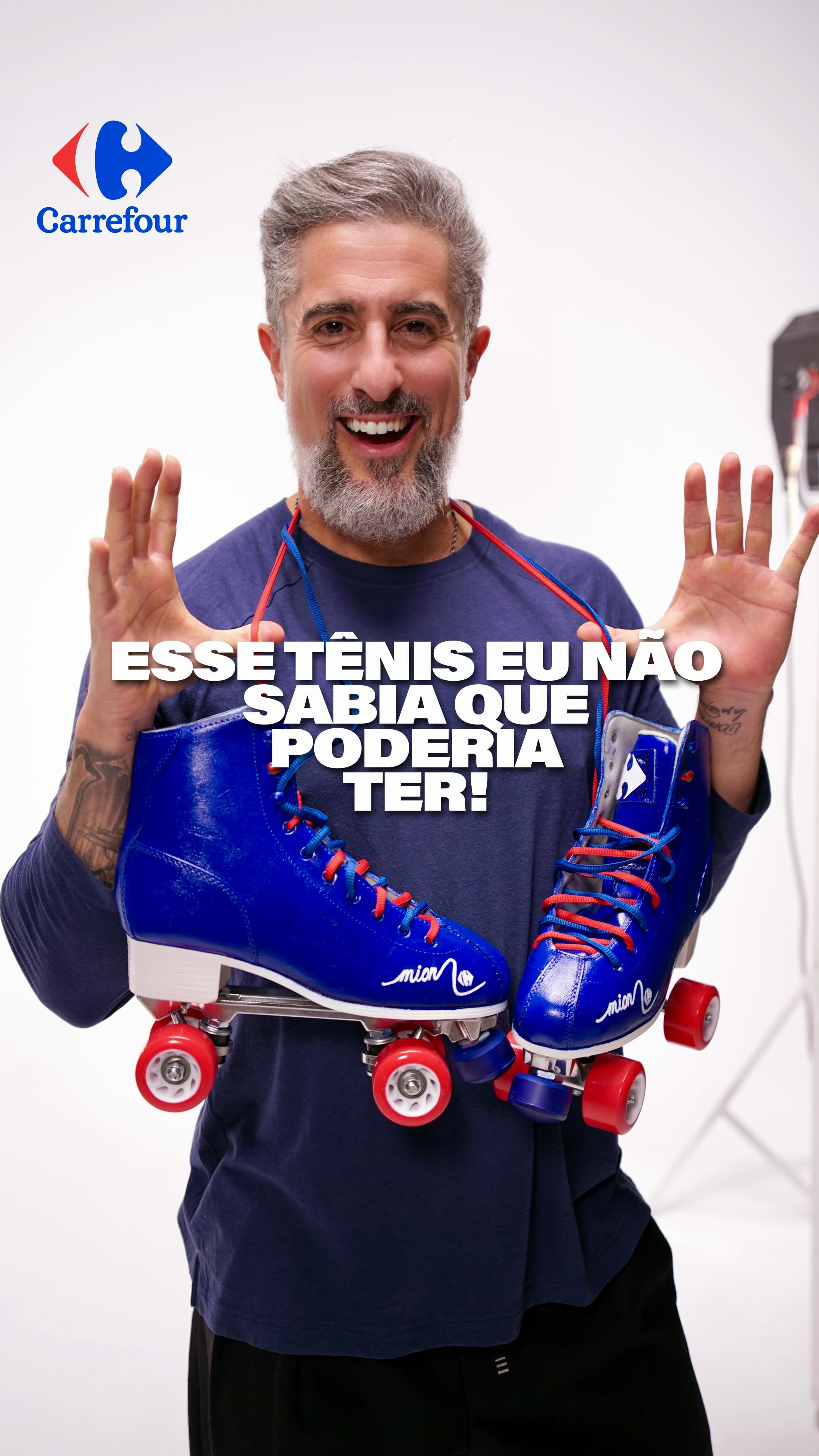 Instagram post by @marcosmion for Carrefour. Caption reads: O QUE TINHA NA CAIXA NÃO ERA UM TÊNIS… ERA UM....