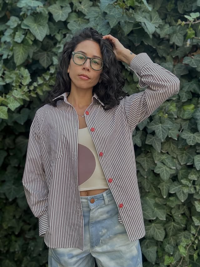 Instagram post by @leila.makes for The Fabric Store. Caption reads: [...] striped cotton, gifted by....