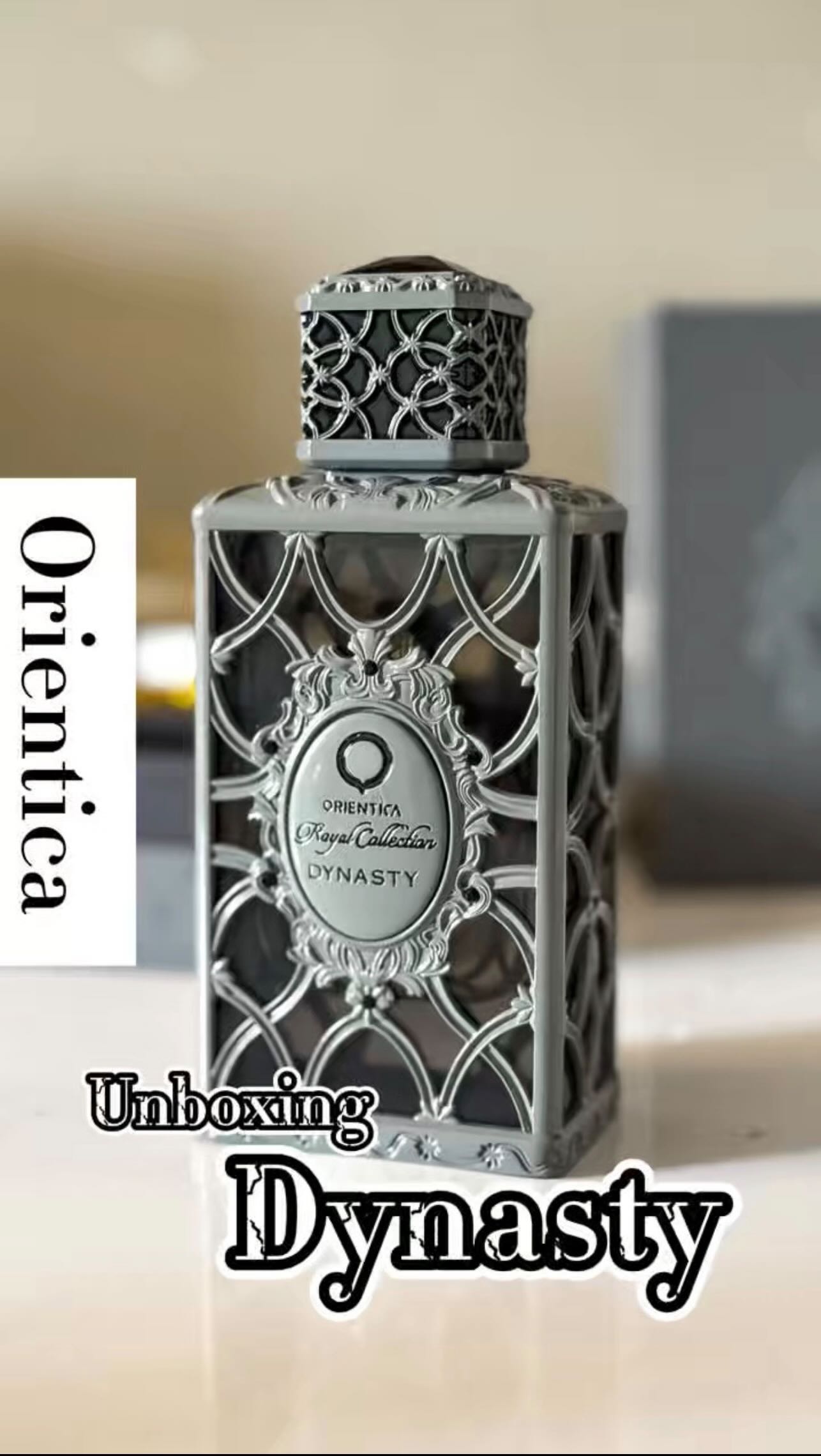 Instagram post by @kisscent for Orientica Perfumes. Caption reads: Join me as we unbox Dynasty by @orienticaperfumes....