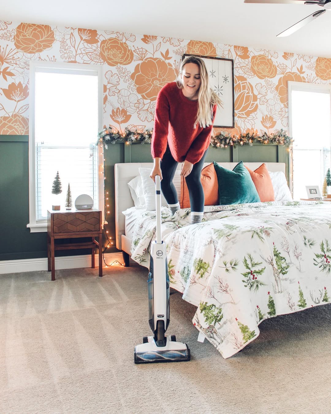 Instagram post by @houseandhens for Hoover Vacuums. Caption reads: NO ONE is walking on these carpet lines 💀 #ad. I....