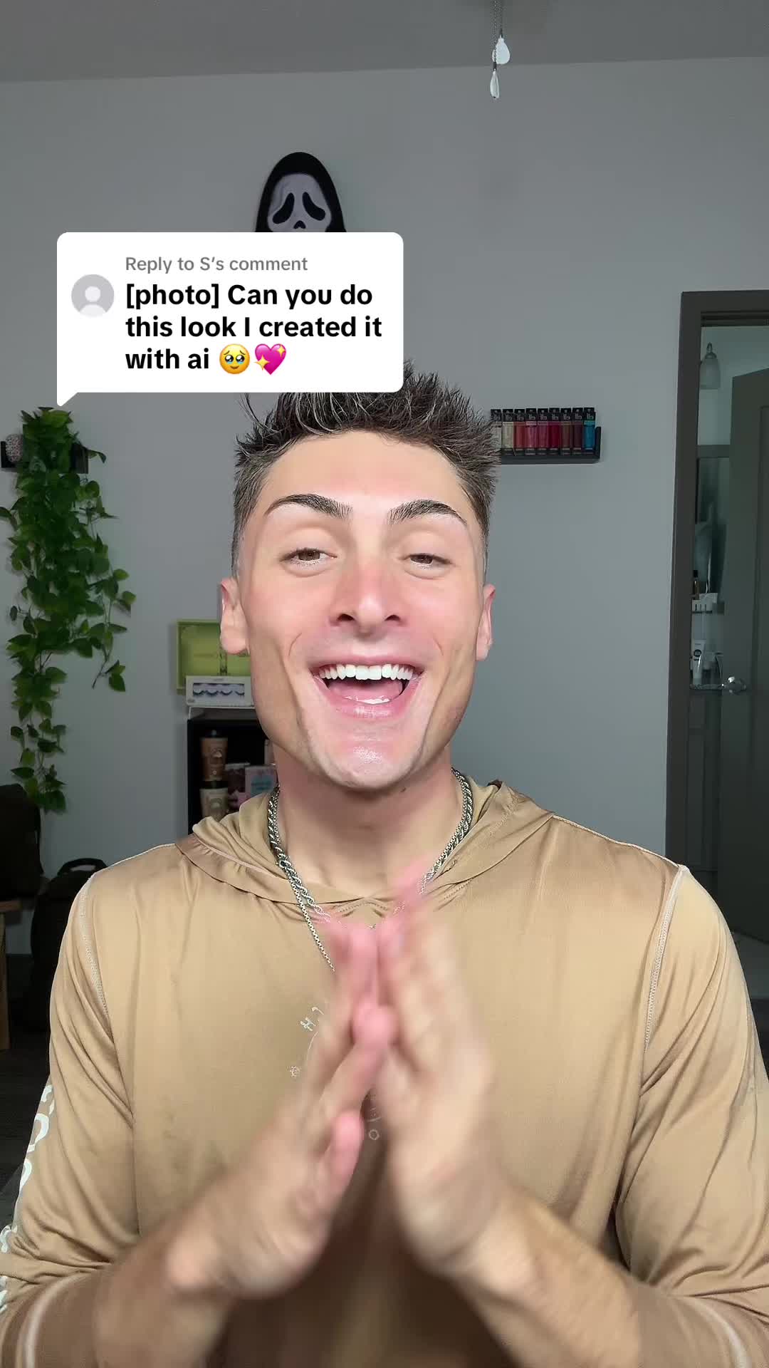 TikTok post by @ashton.schwartzman4 for Embryolisse USA. Caption reads: Replying to @S Me vs. AI | How did I do?? #makeup....