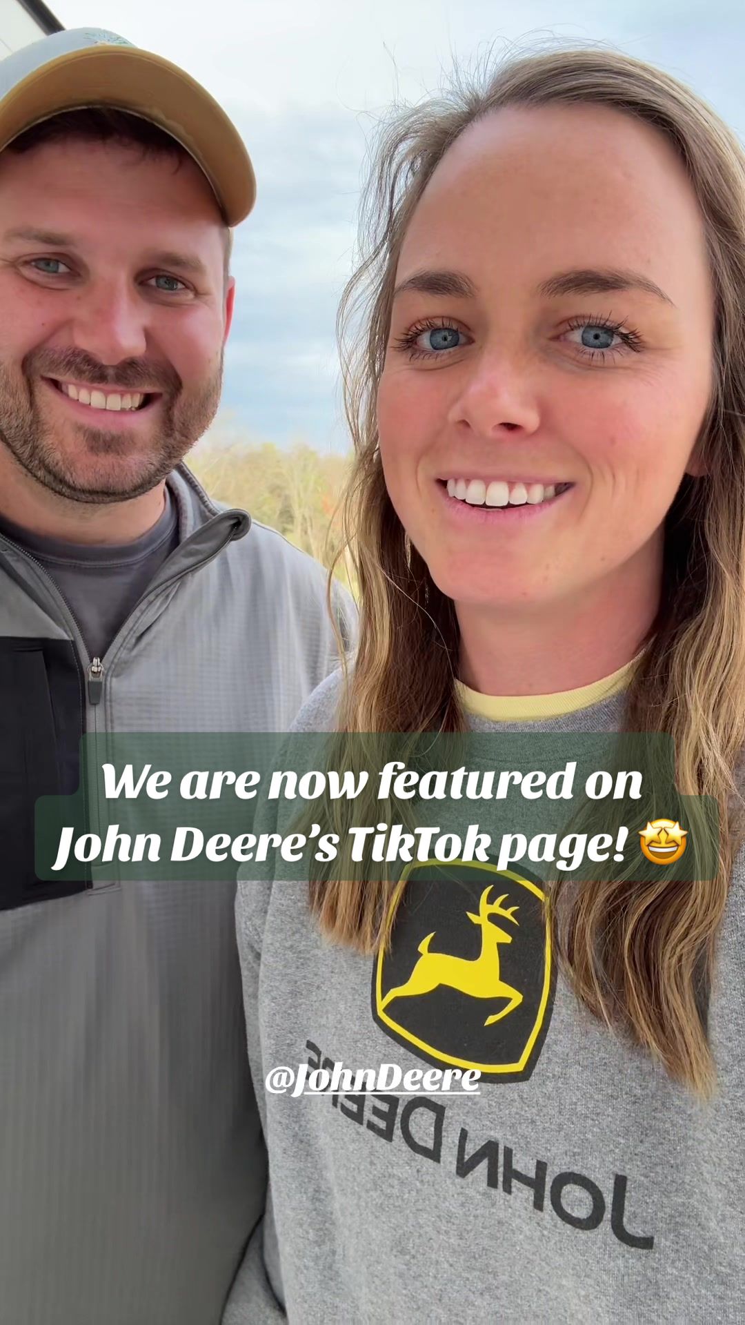 TikTok post by @oakgrovefarms for John Deere. Caption reads: Huge announcement! 🤩🥳 we are now being featured....