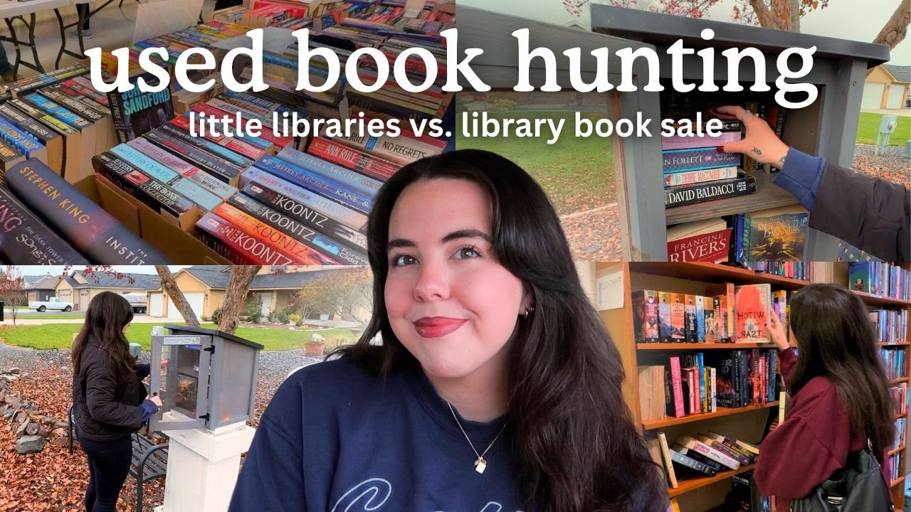 YouTube post by @TaylorAnnWright for Goodreads. Caption reads: used book hunting | little free libraries vs.....
