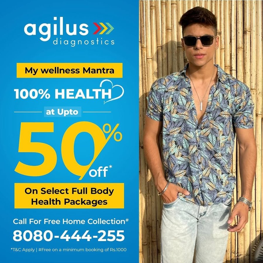 Instagram post by @iamtarunbedi for Agilus Diagnostics. Caption reads: [...] checkups! Unlock 100% health with Agilus....
