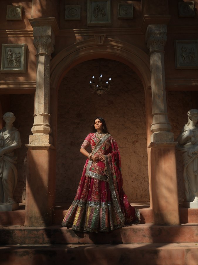 Instagram post by @jeetusriyadav1 for Sabyasachi. Caption reads: Manifesting a royal wedding vibe like this, y’all....