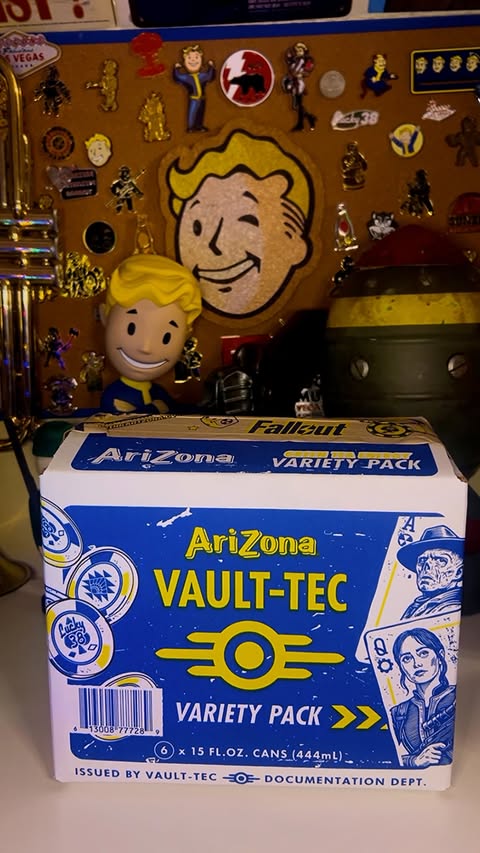 Instagram post by @vaultgirl2077 for AriZona Iced Tea. Caption reads: Unboxing Arizona Iced Tea x Fallout on Prime....