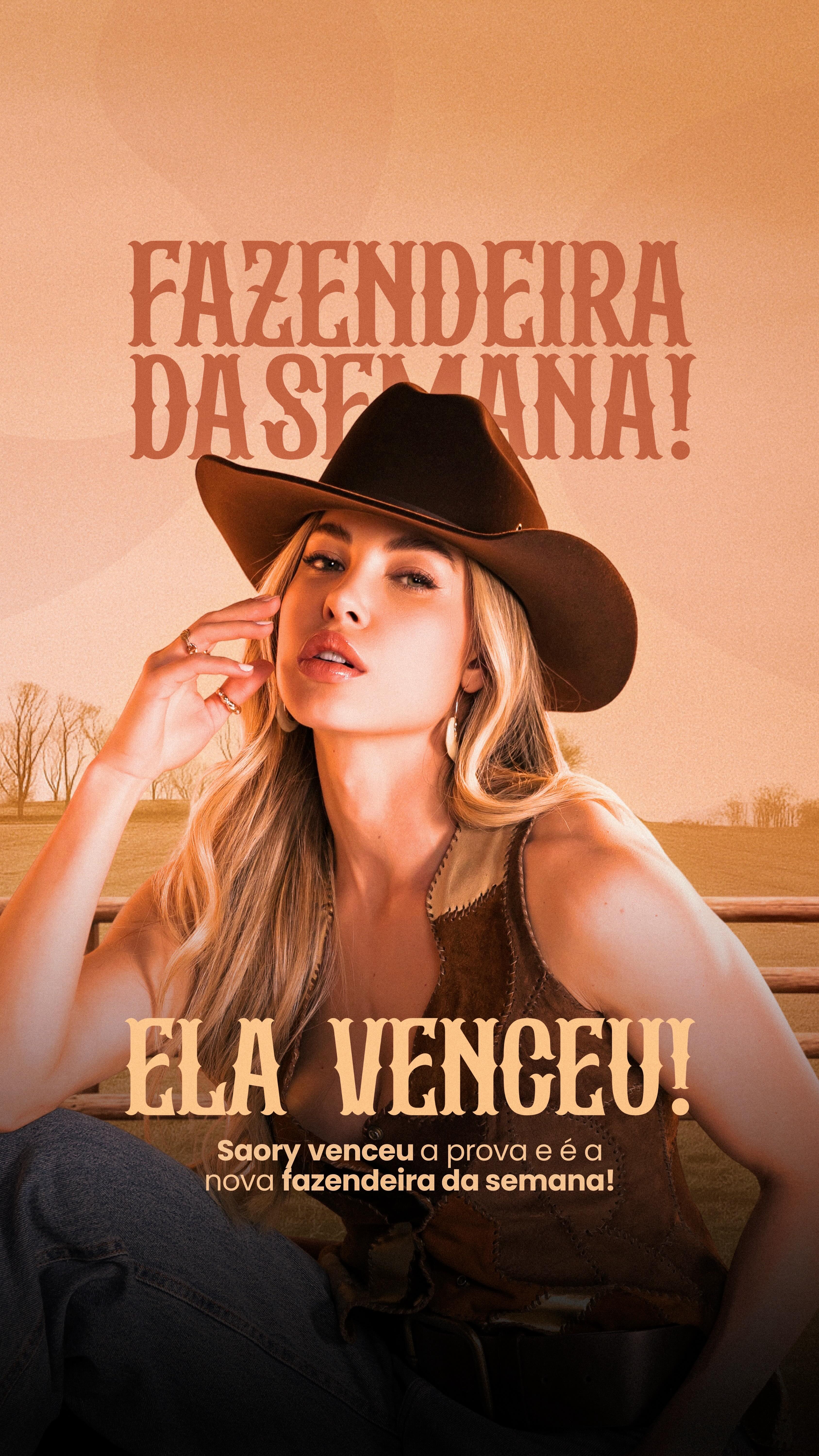 Instagram post by @saorycardoso for PicPay. Caption reads: ELA VENCEUUUUU, É FAZENDEIRA!!! 🤠 #AFazenda.
