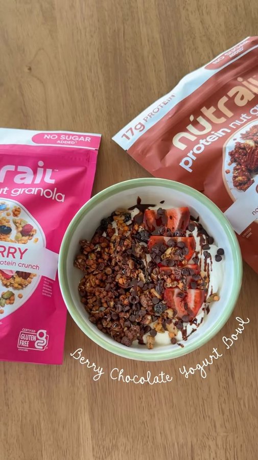 Instagram post by @thedianele for nūtrail. Caption reads: #ad my current favorite yogurt bowl 🍓🍫 @nutrail....