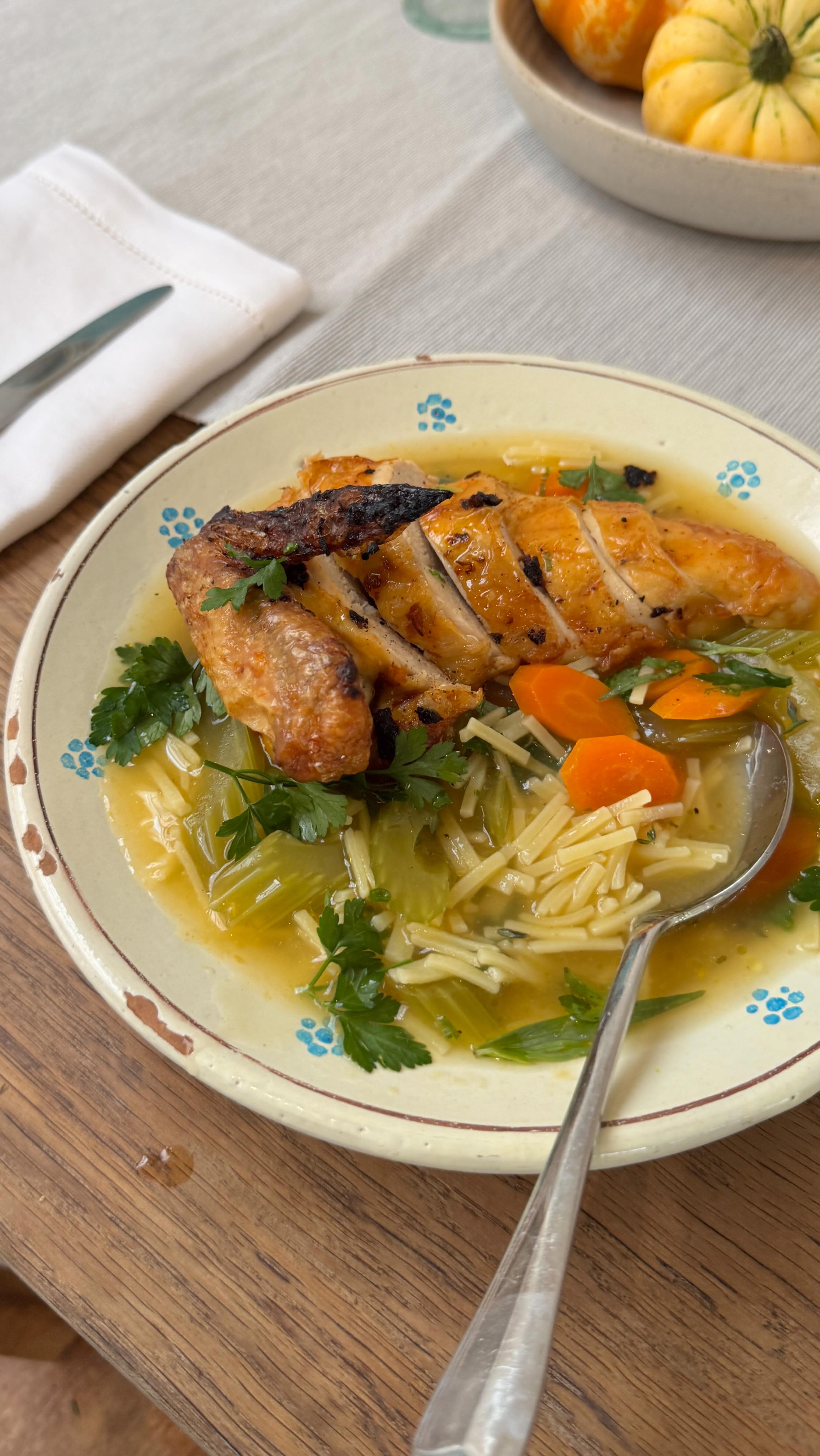 Instagram post by @themondaypastaclub for Ocado. Caption reads: Roast Chicken & Filini Broth A new recipe in....