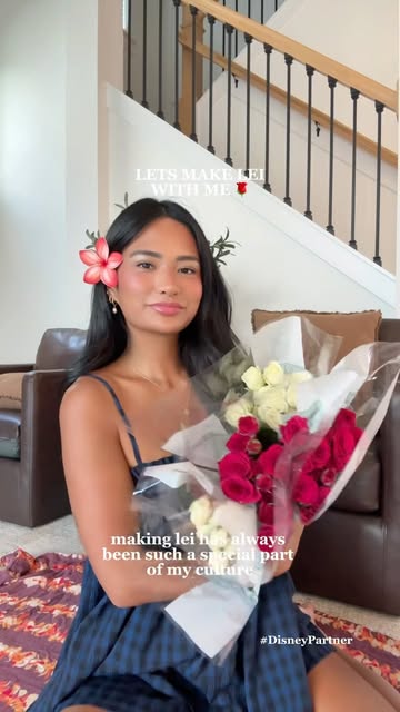 Instagram post by @kaylakosuga for Walt Disney Studios. Caption reads: Let’s make a lei! 🌺✨ #disneypartner Choose your....