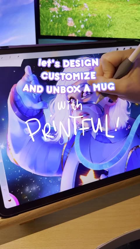 Instagram post by @halleyvision for Printful. Caption reads: ASMR design & unboxing with Printful 💜✨❄️💫 it’s....