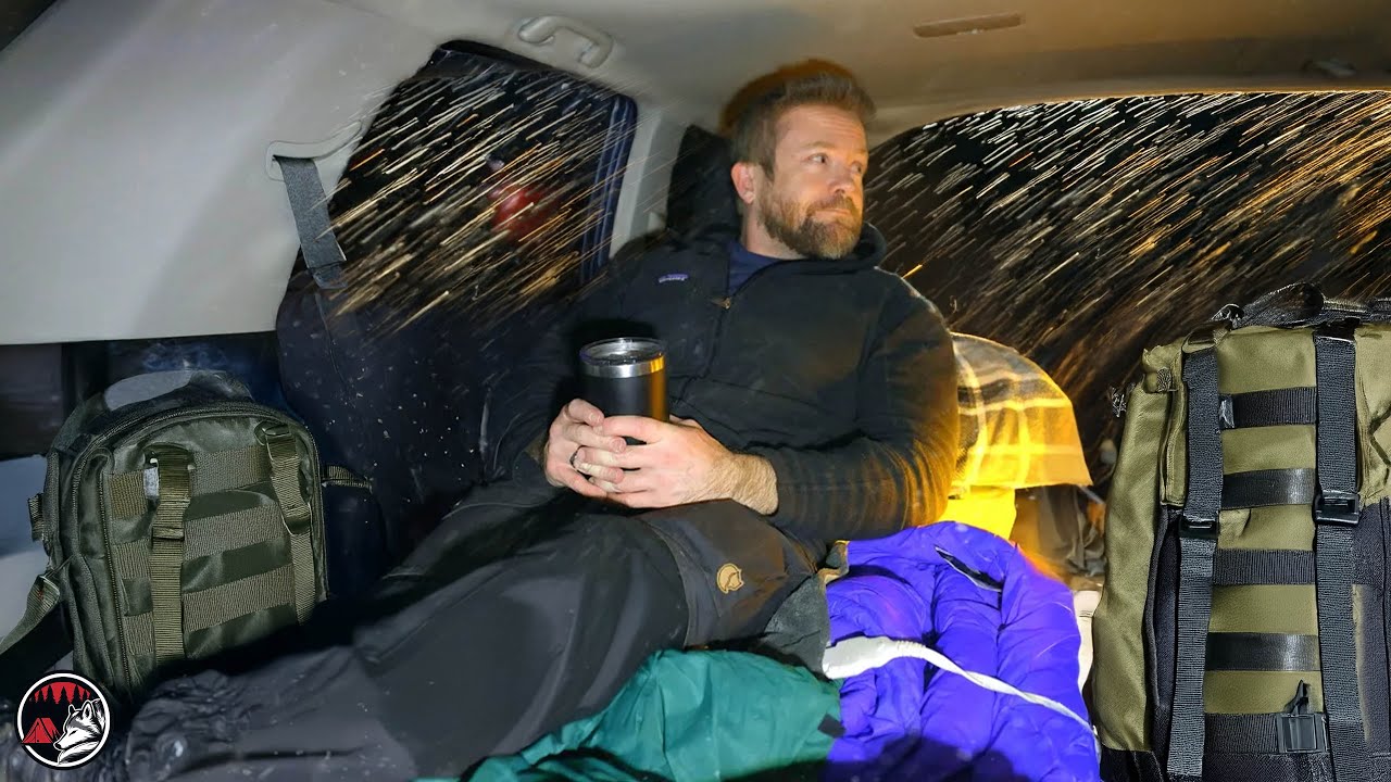 YouTube post by @AQuietPlaceAdventures for Patagonia. Caption reads: Rain Camping in the Remote Forest in my 4x4 Toyota.