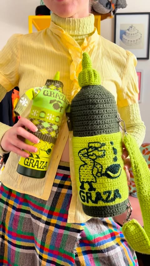Instagram post by @knottedneon for Graza. Caption reads: Get inspired with me while I crochet a Graza Olive....