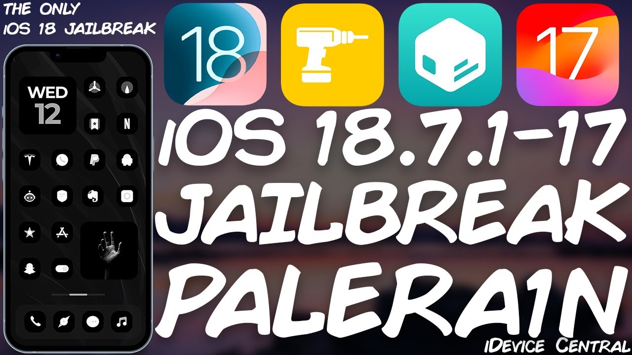 YouTube post by @idevicecentral for Unsplash. Caption reads: iOS 18.7.1 - 18.0 JAILBREAK Available: New UPDATE....